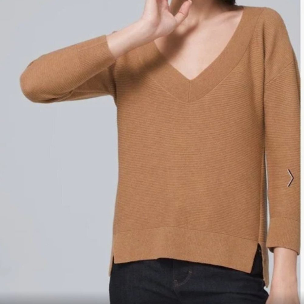 White House Black Market wool cotton blend deep v neck ribbed camel sweater S